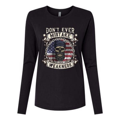 Skull American Flag Dont Ever Mistake Old Age For Weakness Womens Cotton Relaxed Long Sleeve T-Shirt