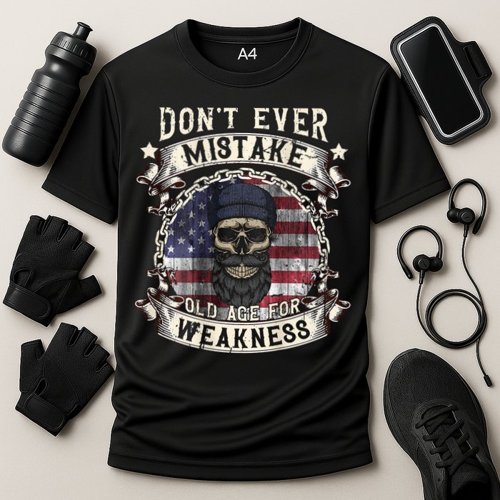 Skull American Flag Dont Ever Mistake Old Age For Weakness Performance Shirt