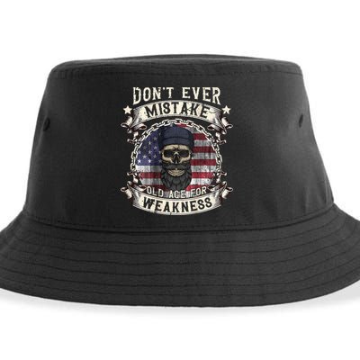 Skull American Flag Dont Ever Mistake Old Age For Weakness Sustainable Bucket Hat