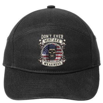 Skull American Flag Dont Ever Mistake Old Age For Weakness 7-Panel Snapback Hat
