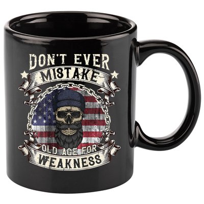 Skull American Flag Dont Ever Mistake Old Age For Weakness 11oz C Handle Ceramic Mug