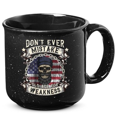 Skull American Flag Dont Ever Mistake Old Age For Weakness 15oz Campfire Ceramic Mug