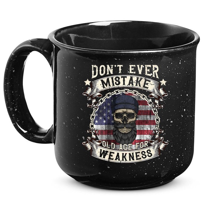 Skull American Flag Dont Ever Mistake Old Age For Weakness 15oz Campfire Ceramic Mug