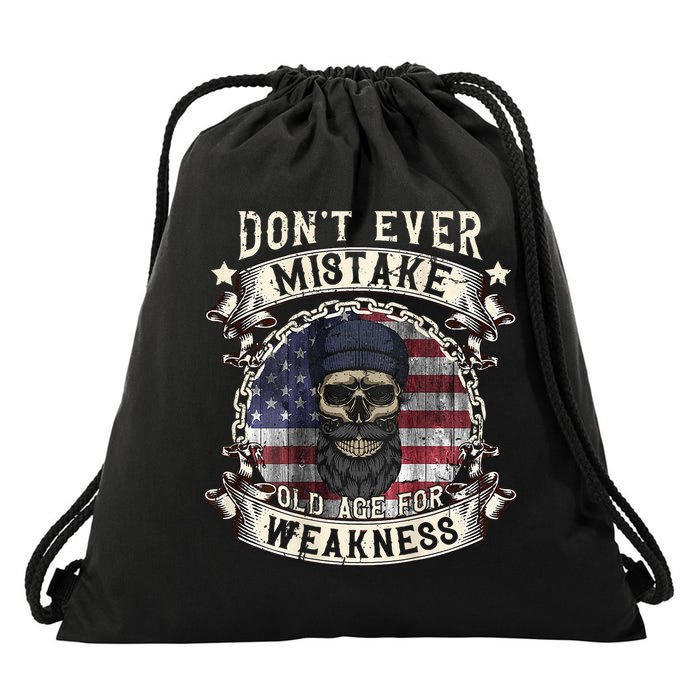 Skull American Flag Dont Ever Mistake Old Age For Weakness Drawstring Bag