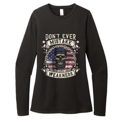 Skull American Flag Dont Ever Mistake Old Age For Weakness Womens CVC Long Sleeve Shirt