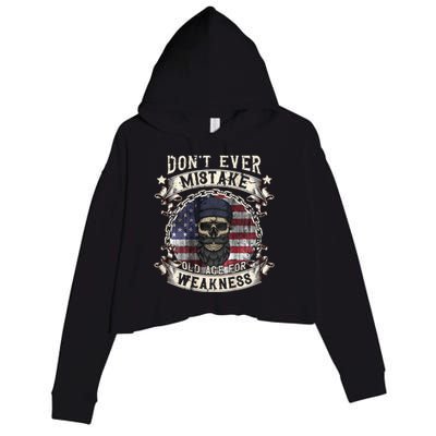 Skull American Flag Dont Ever Mistake Old Age For Weakness Crop Fleece Hoodie