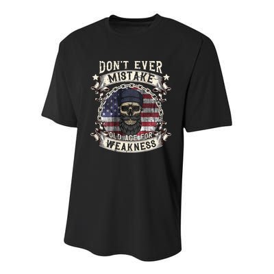 Skull American Flag Dont Ever Mistake Old Age For Weakness Youth Performance Sprint T-Shirt