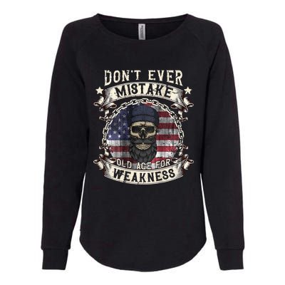 Skull American Flag Dont Ever Mistake Old Age For Weakness Womens California Wash Sweatshirt