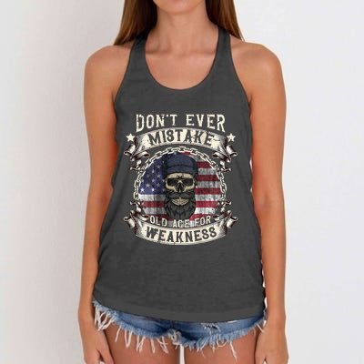 Skull American Flag Dont Ever Mistake Old Age For Weakness Women's Knotted Racerback Tank