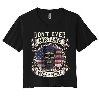 Skull American Flag Dont Ever Mistake Old Age For Weakness Crop Top