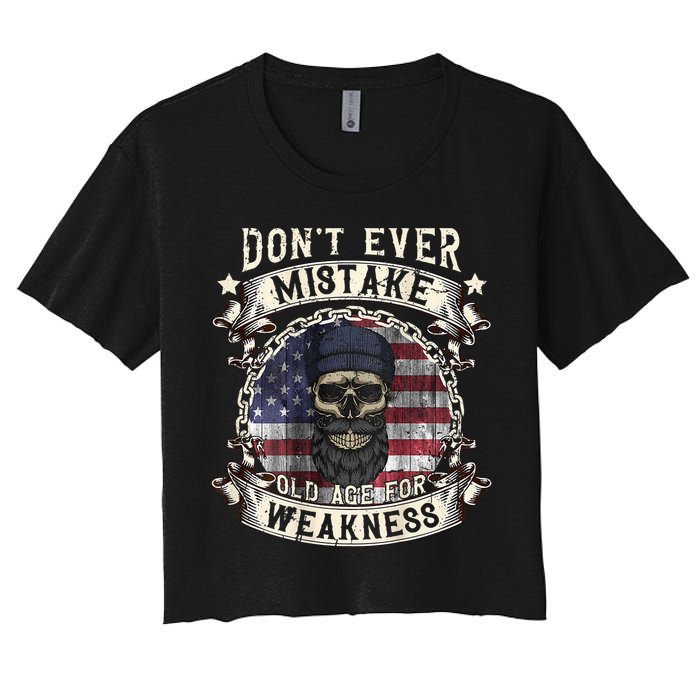 Skull American Flag Dont Ever Mistake Old Age For Weakness Crop Top