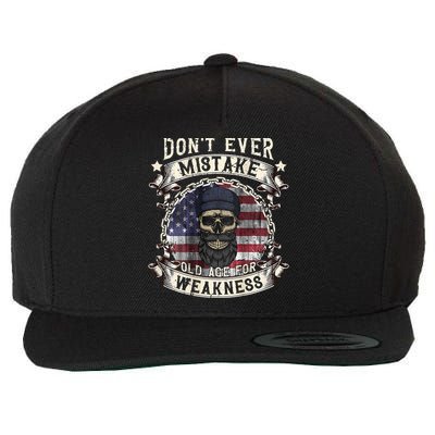 Skull American Flag Dont Ever Mistake Old Age For Weakness Wool Snapback Cap