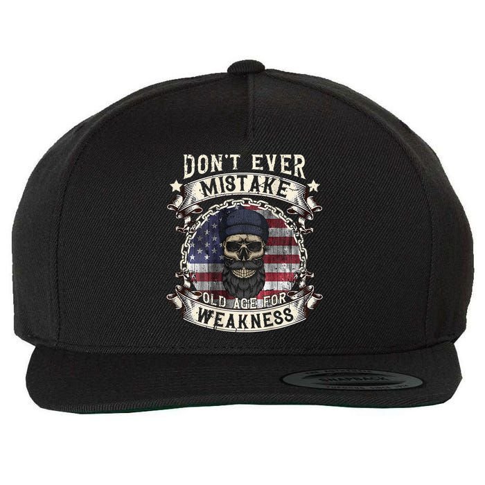 Skull American Flag Dont Ever Mistake Old Age For Weakness Wool Snapback Cap