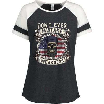 Skull American Flag Dont Ever Mistake Old Age For Weakness Enza Ladies Jersey Colorblock Tee