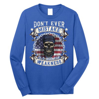 Skull American Flag Dont Ever Mistake Old Age For Weakness Long Sleeve Shirt