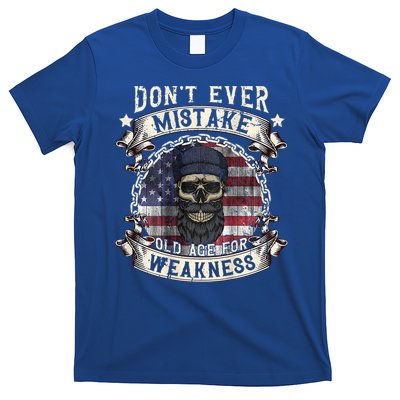 Skull American Flag Dont Ever Mistake Old Age For Weakness T-Shirt