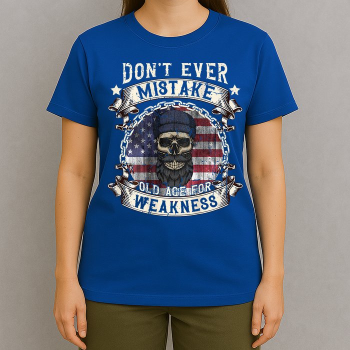 Skull American Flag Dont Ever Mistake Old Age For Weakness T-Shirt