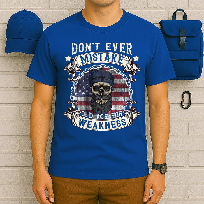 Skull American Flag Dont Ever Mistake Old Age For Weakness T-Shirt