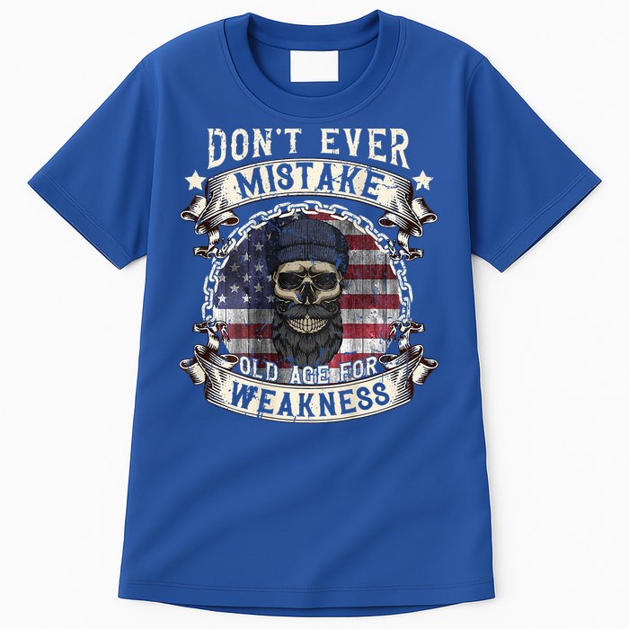 Skull American Flag Dont Ever Mistake Old Age For Weakness Tall T-Shirt