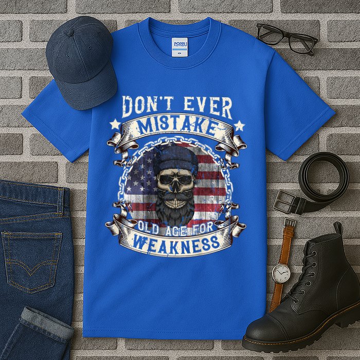 Skull American Flag Dont Ever Mistake Old Age For Weakness Tall T-Shirt
