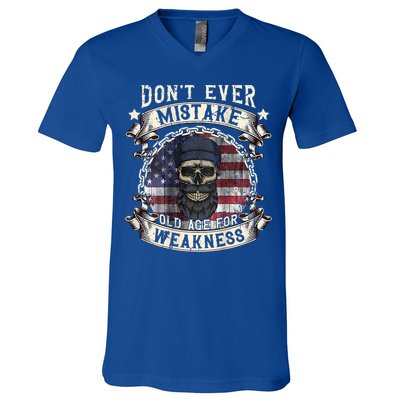 Skull American Flag Dont Ever Mistake Old Age For Weakness V-Neck T-Shirt