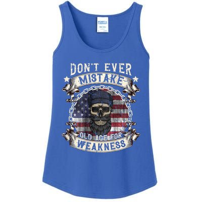 Skull American Flag Dont Ever Mistake Old Age For Weakness Ladies Essential Tank