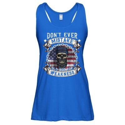 Skull American Flag Dont Ever Mistake Old Age For Weakness Ladies Essential Flowy Tank