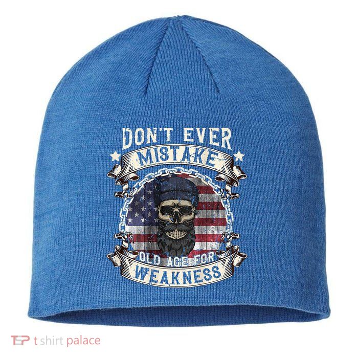 Skull American Flag Dont Ever Mistake Old Age For Weakness Sustainable Beanie