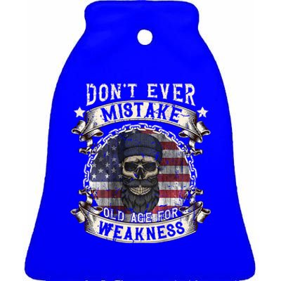 Skull American Flag Dont Ever Mistake Old Age For Weakness Ceramic Bell Ornament