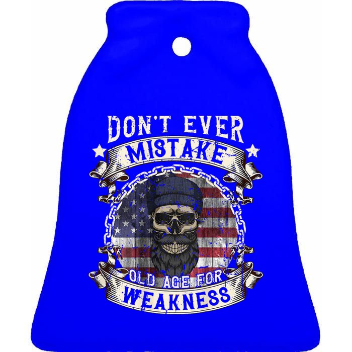 Skull American Flag Dont Ever Mistake Old Age For Weakness Ceramic Bell Ornament