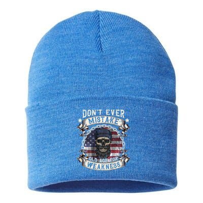 Skull American Flag Dont Ever Mistake Old Age For Weakness Sustainable Knit Beanie