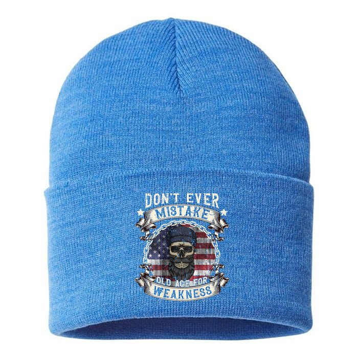Skull American Flag Dont Ever Mistake Old Age For Weakness Sustainable Knit Beanie