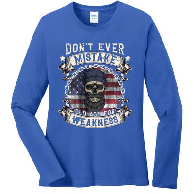 Skull American Flag Dont Ever Mistake Old Age For Weakness Ladies Long Sleeve Shirt