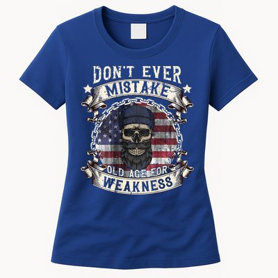 Skull American Flag Dont Ever Mistake Old Age For Weakness Womens T-Shirt