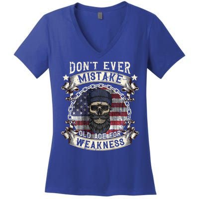 Skull American Flag Dont Ever Mistake Old Age For Weakness Women's V-Neck T-Shirt