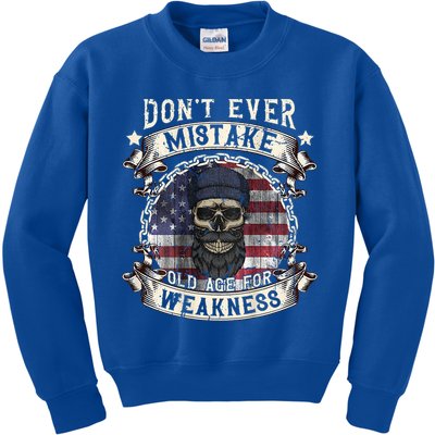 Skull American Flag Dont Ever Mistake Old Age For Weakness Kids Sweatshirt