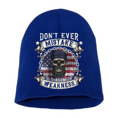 Skull American Flag Dont Ever Mistake Old Age For Weakness Short Acrylic Beanie