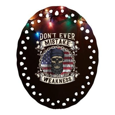 Skull American Flag Dont Ever Mistake Old Age For Weakness Ceramic Oval Ornament