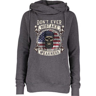 Skull American Flag Dont Ever Mistake Old Age For Weakness Womens Funnel Neck Pullover Hood