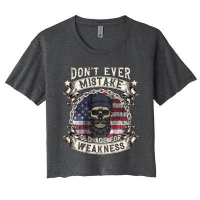 Skull American Flag Dont Ever Mistake Old Age For Weakness Women's Crop Top Tee