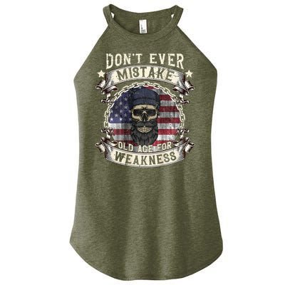 Skull American Flag Dont Ever Mistake Old Age For Weakness Women’s Perfect Tri Rocker Tank