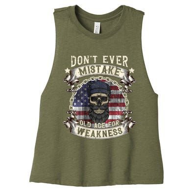 Skull American Flag Dont Ever Mistake Old Age For Weakness Women's Racerback Cropped Tank