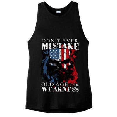Skull American Flag Dont Ever Mistake Old Age For Weakness Ladies PosiCharge Tri-Blend Wicking Tank
