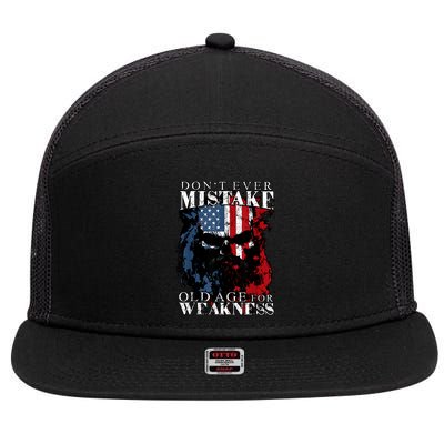 Skull American Flag Dont Ever Mistake Old Age For Weakness 7 Panel Mesh Trucker Snapback Hat