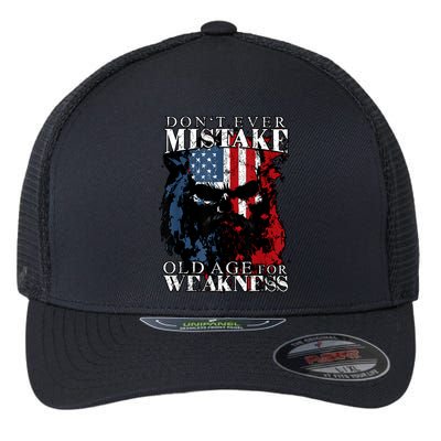 Skull American Flag Dont Ever Mistake Old Age For Weakness Flexfit Unipanel Trucker Cap