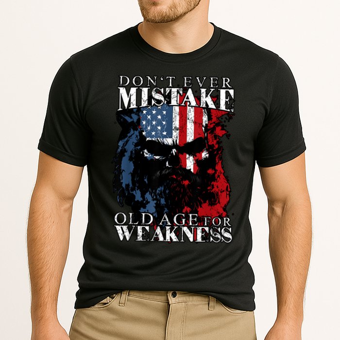 Skull American Flag Dont Ever Mistake Old Age For Weakness Performance Shirt