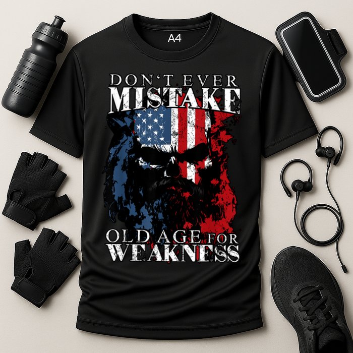 Skull American Flag Dont Ever Mistake Old Age For Weakness Performance Shirt
