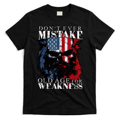 Skull American Flag Dont Ever Mistake Old Age For Weakness T-Shirt