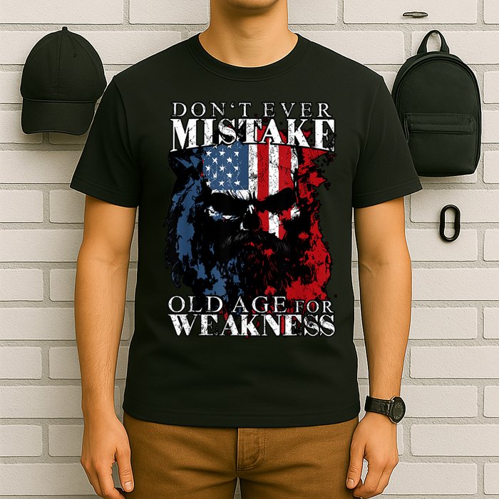 Skull American Flag Dont Ever Mistake Old Age For Weakness T-Shirt