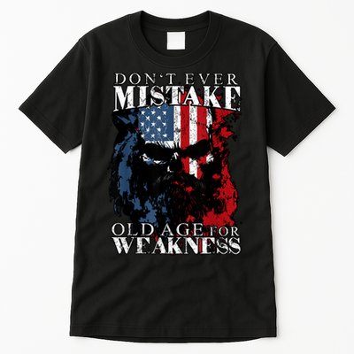 Skull American Flag Dont Ever Mistake Old Age For Weakness Tall T-Shirt
